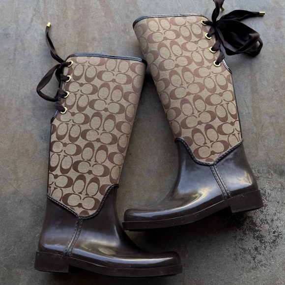Coach Tristee Signature Lace-Up Rain Boots - Brown - Picture 2 of 12